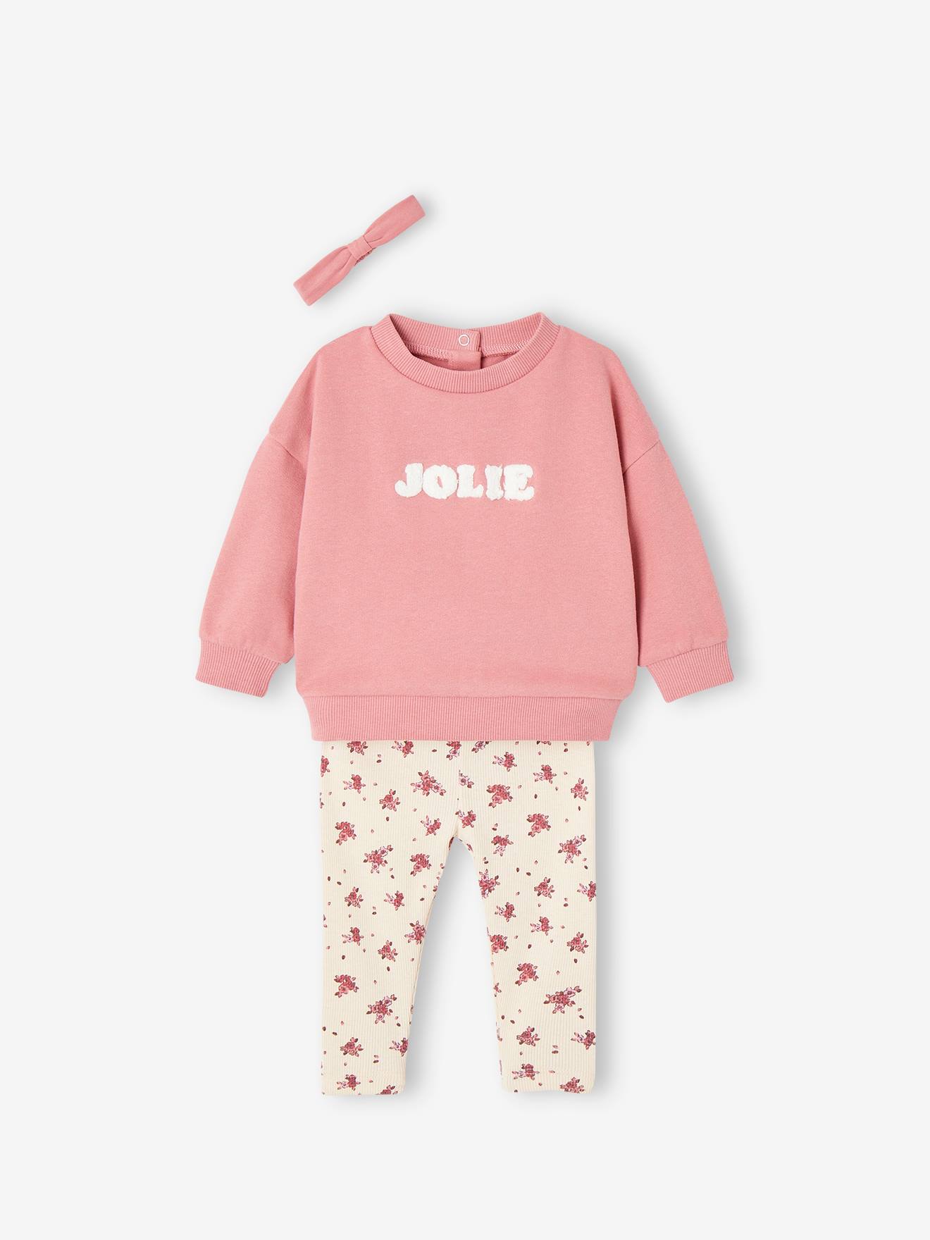 Ensemble sweat + legging + bandeau personnalisable bébé fille bois de rose