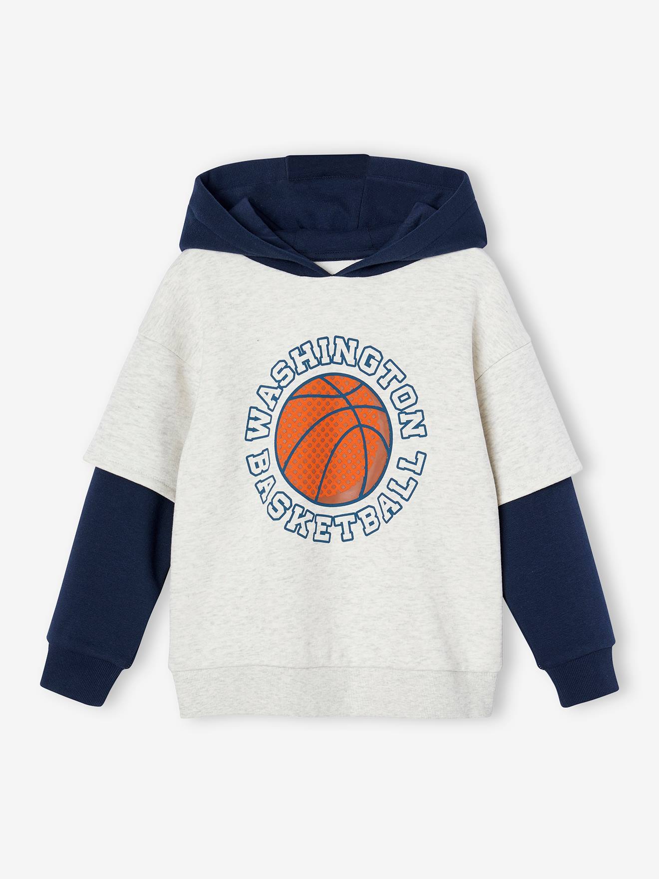 Sweat sport double manches garçon motif ballon en relief blanc chiné