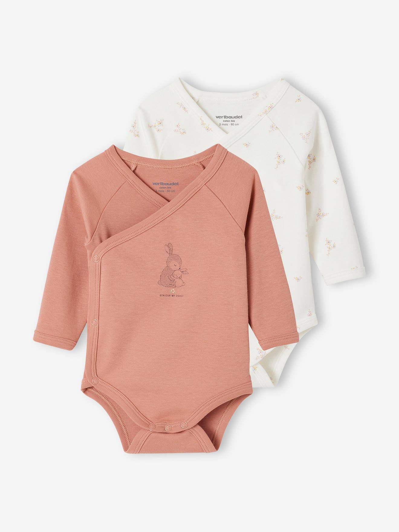 Lot 2 bodies manches longues bébé ouverture naissance en coton bio rose