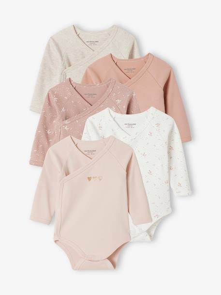 Vertbaudet - Lot 5 bodies "coeur" manches longues ouverture naissance bébé en coton bio rose pâle