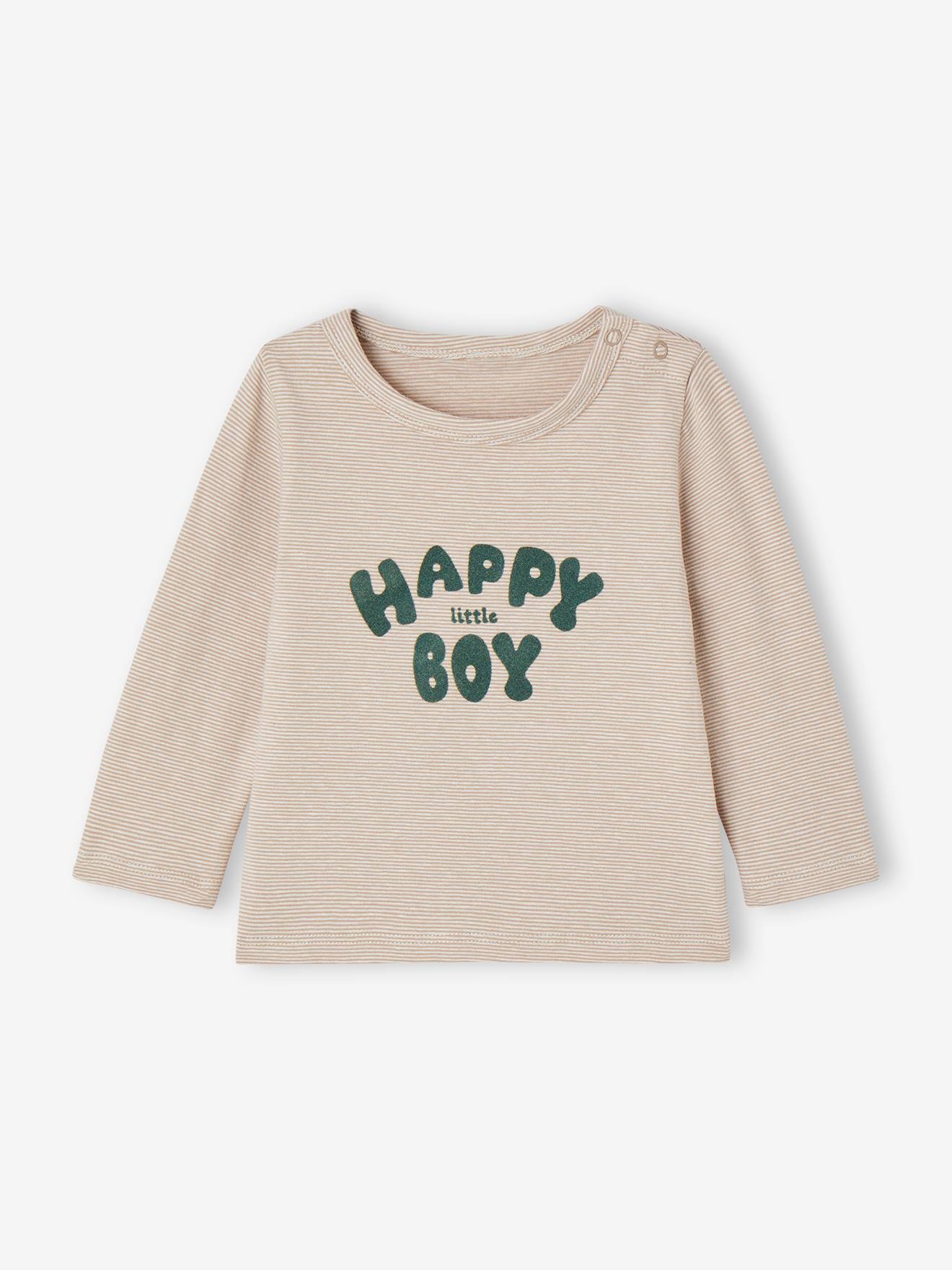 Tee-shirt douillet à fines rayures bébé ouverture pressionnée épaule cappuccino