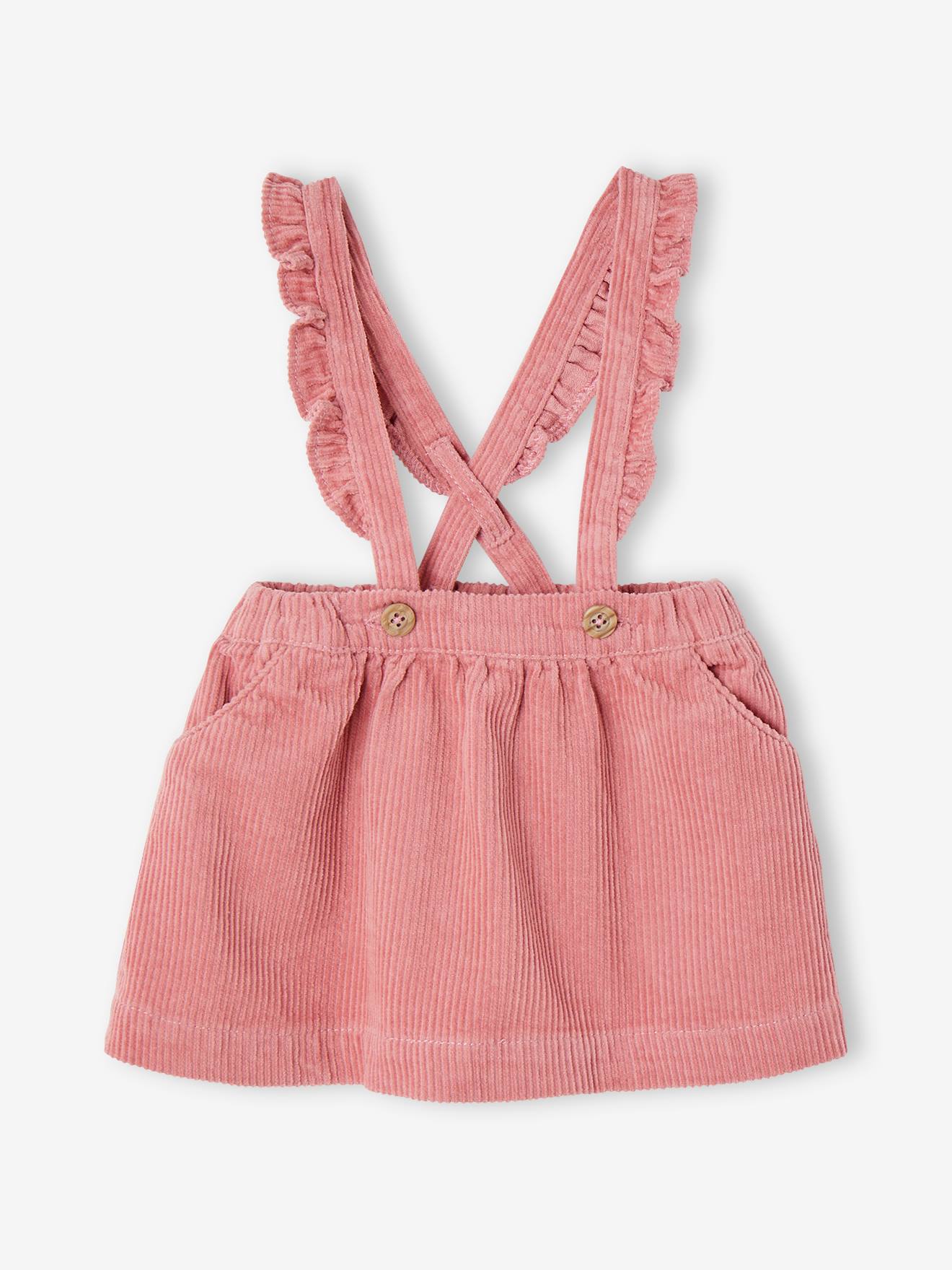 Jupe en velours bretelles à volants bébé bois de rose