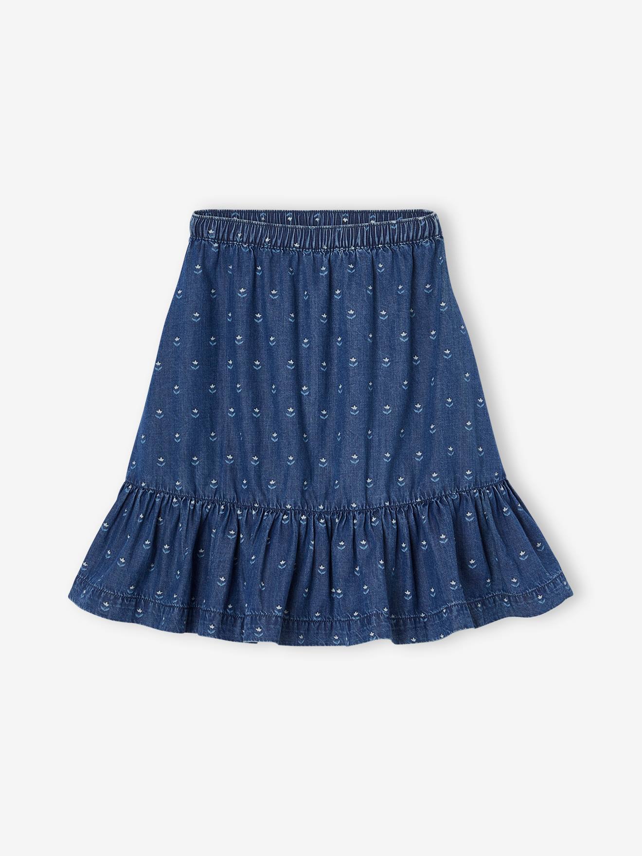 Jupe mi longue à volant en denim léger fille bleu moyen