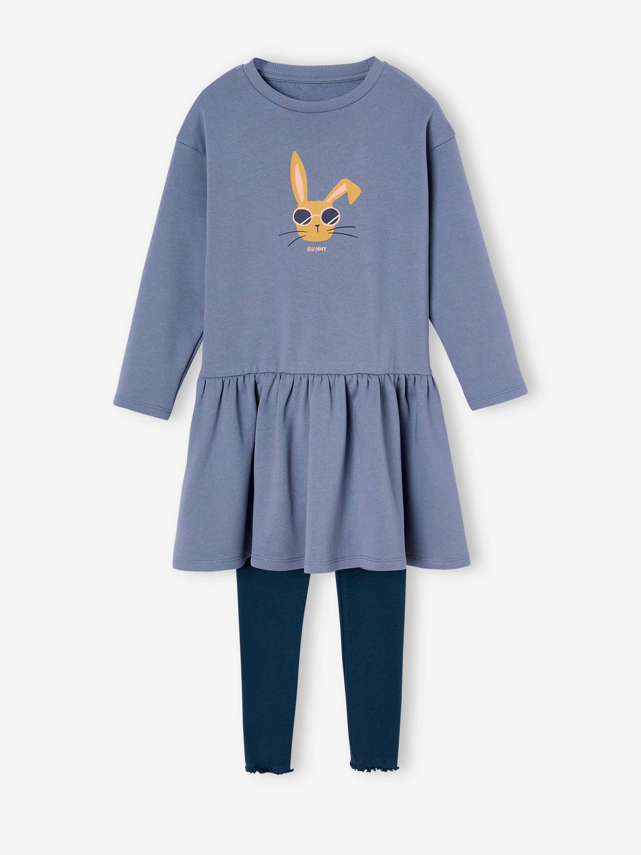 Robe en molleton et legging en côtes fille bleu grisé