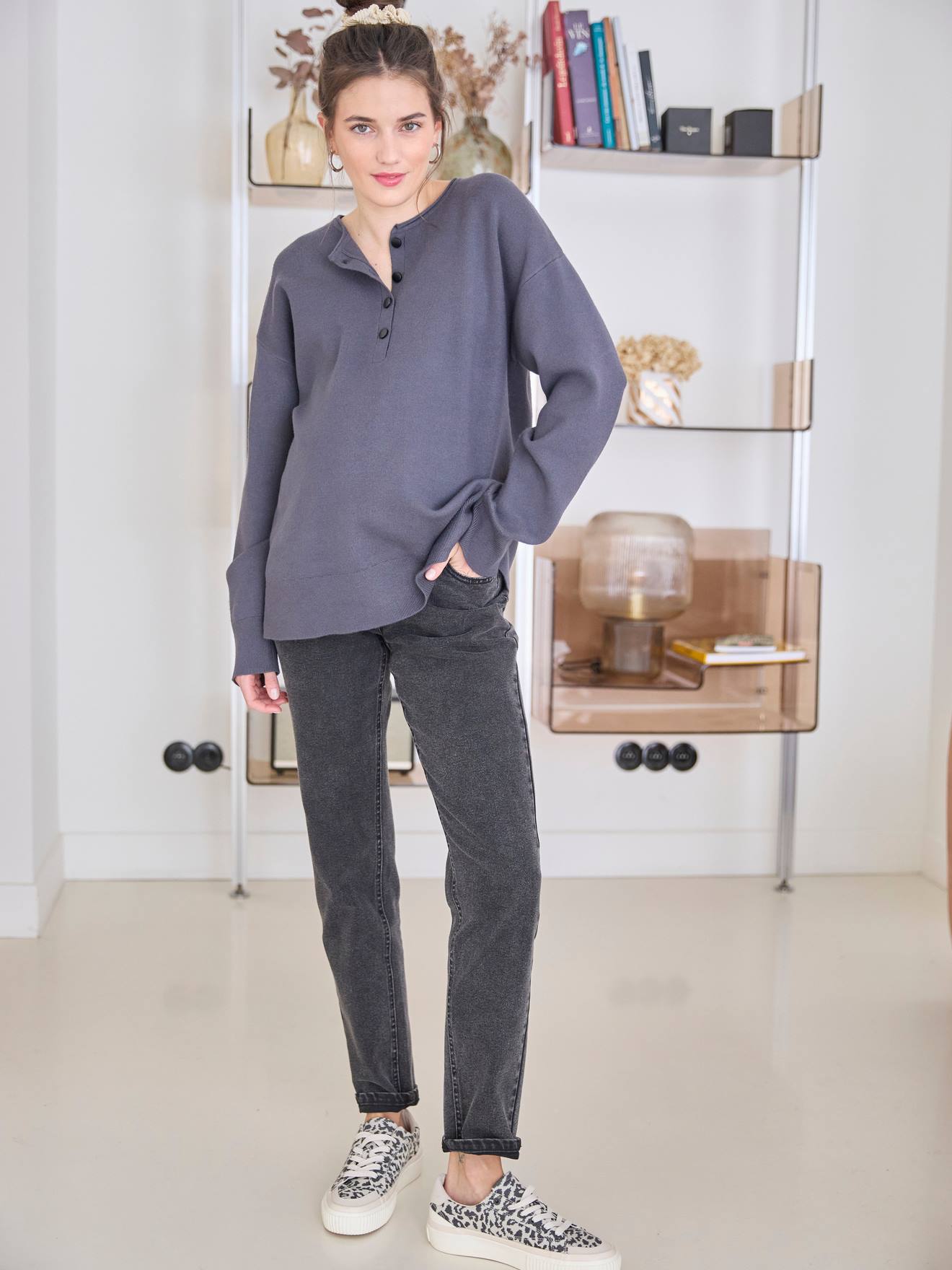 Pull grossesse et allaitement ouverture 3 boutons anthracite