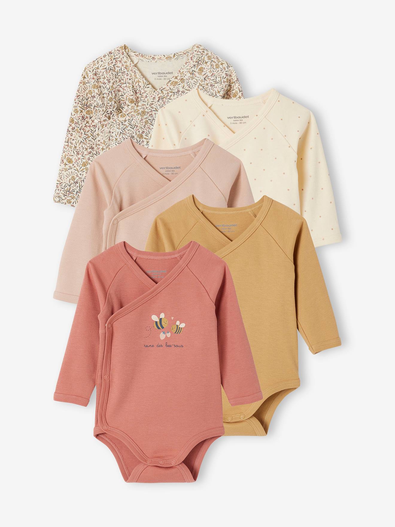 Lot 5 bodies manches longues bébé ouverture naissance en coton bio vanille