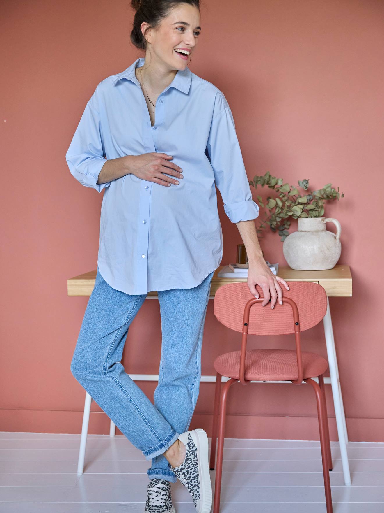 Chemise oversize en popeline grossesse et allaitement bleu glacier
