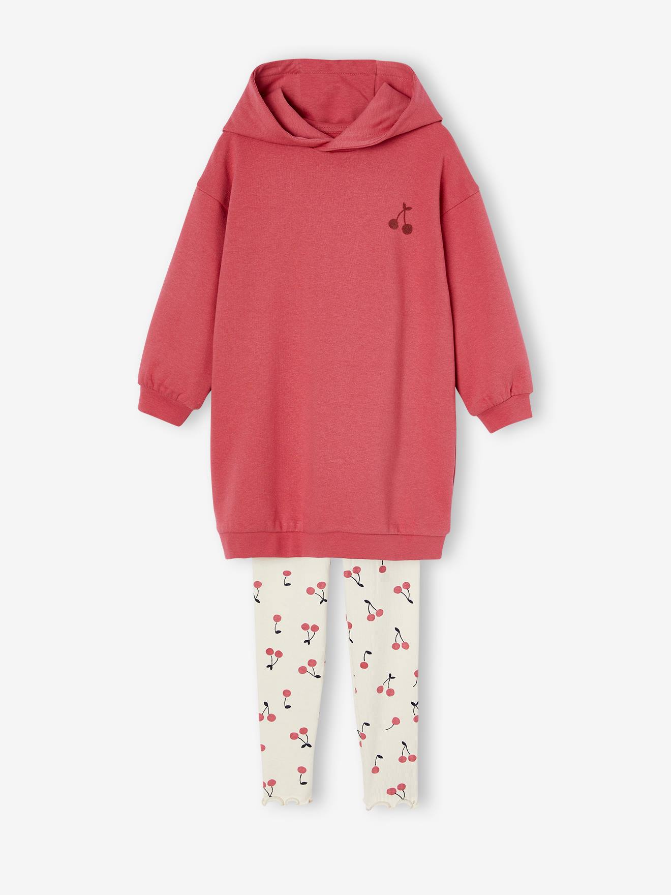 Ensemble robe molleton à capuche et legging fille rose