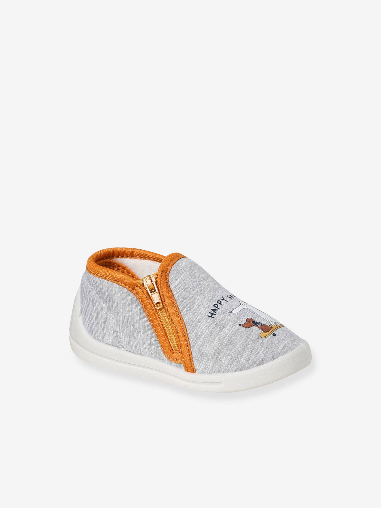 Chaussons zippés bébé en textile imprimé gris chiné