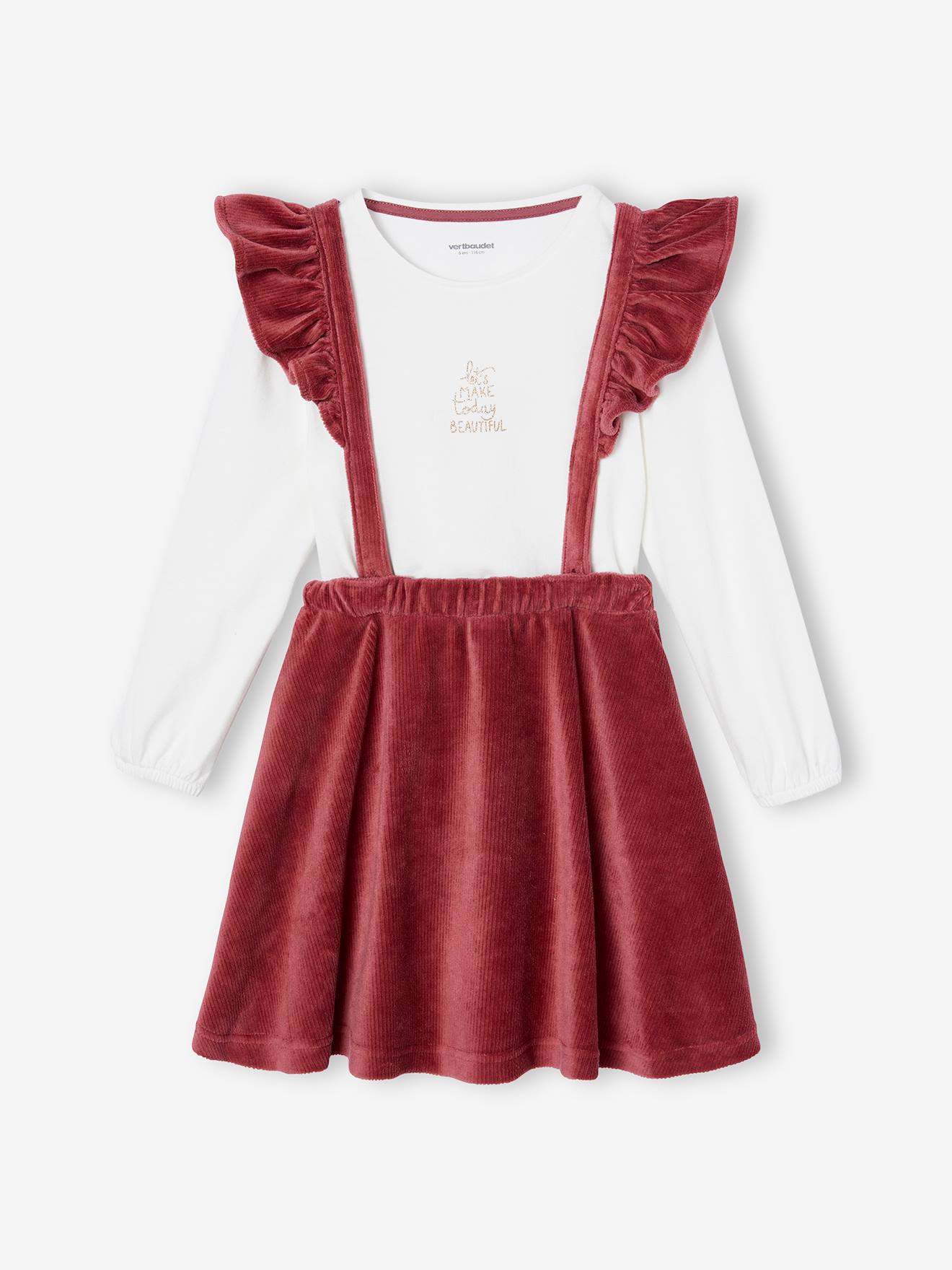 Ensemble t-shirt et jupe en velours à bretelles volantées fille prune
