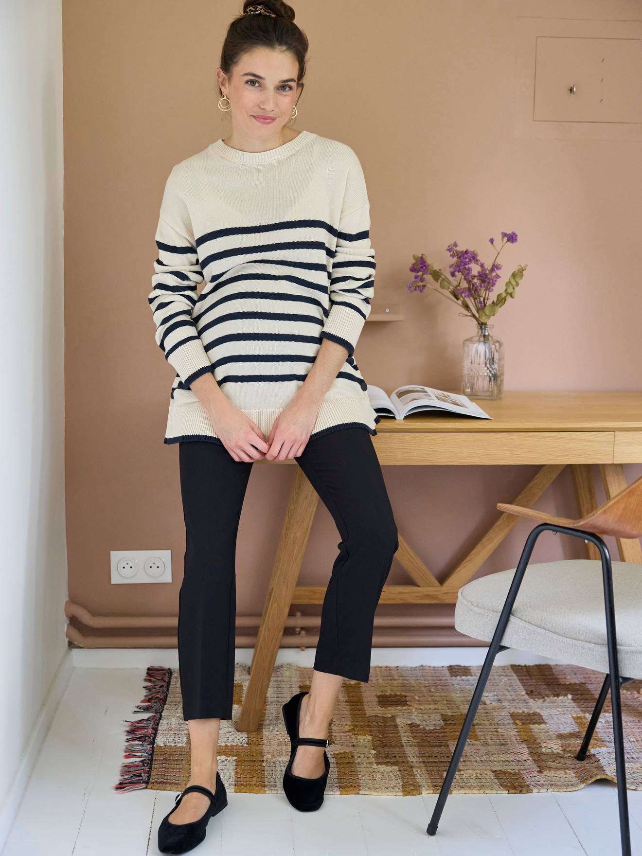 Pull long style marinière grossesse et allaitement boutonné côtés beige chiné