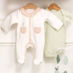 -Pyjama bébé - Sauthon - Botanica - Velours - Rayures vertes - Taille 1 mois