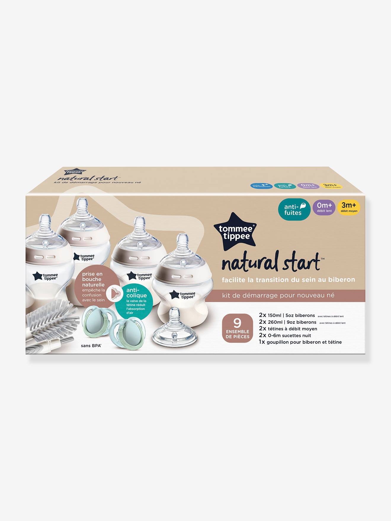 Kit de Démarrage Nouveau-nés Natural Start, Biberons anti-colique 150 ml et 260 ml avec tétine à débit lent transparent (Tommee Tippee) - Image 1