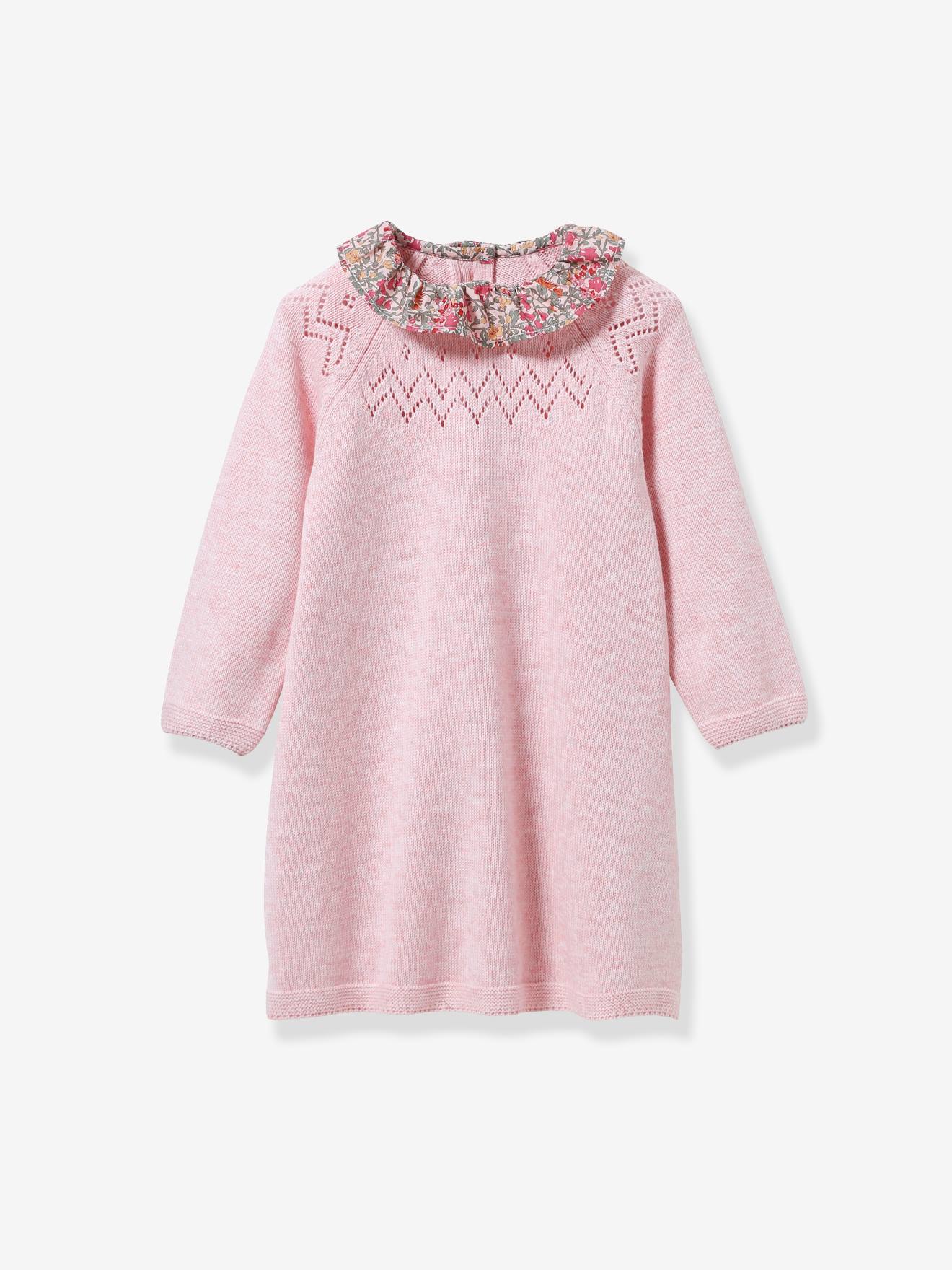 Robe en tricot col en tissu Liberty bébé rose chiné