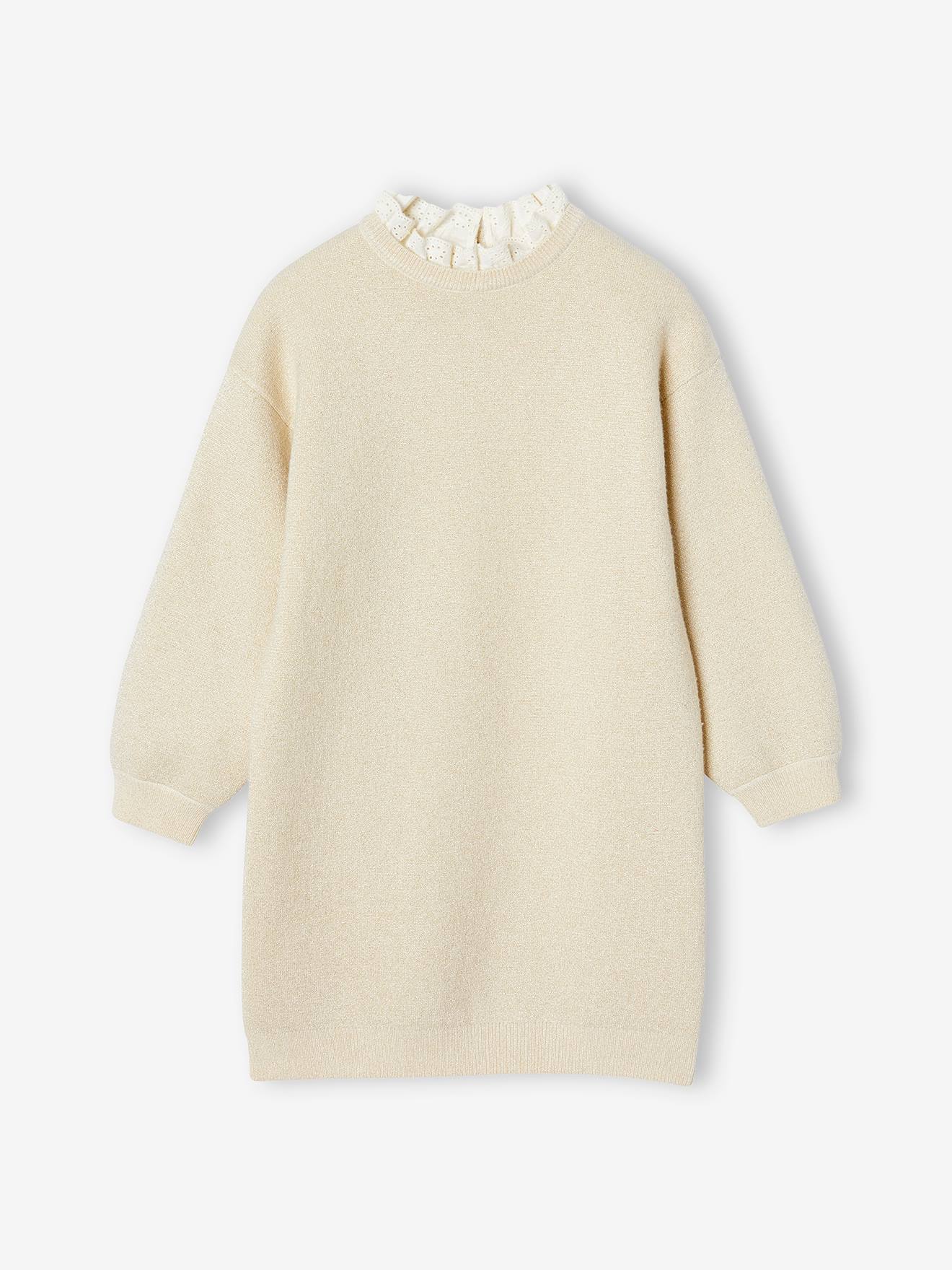 Robe en maille fine col en broderie anglaise fille écru irisé