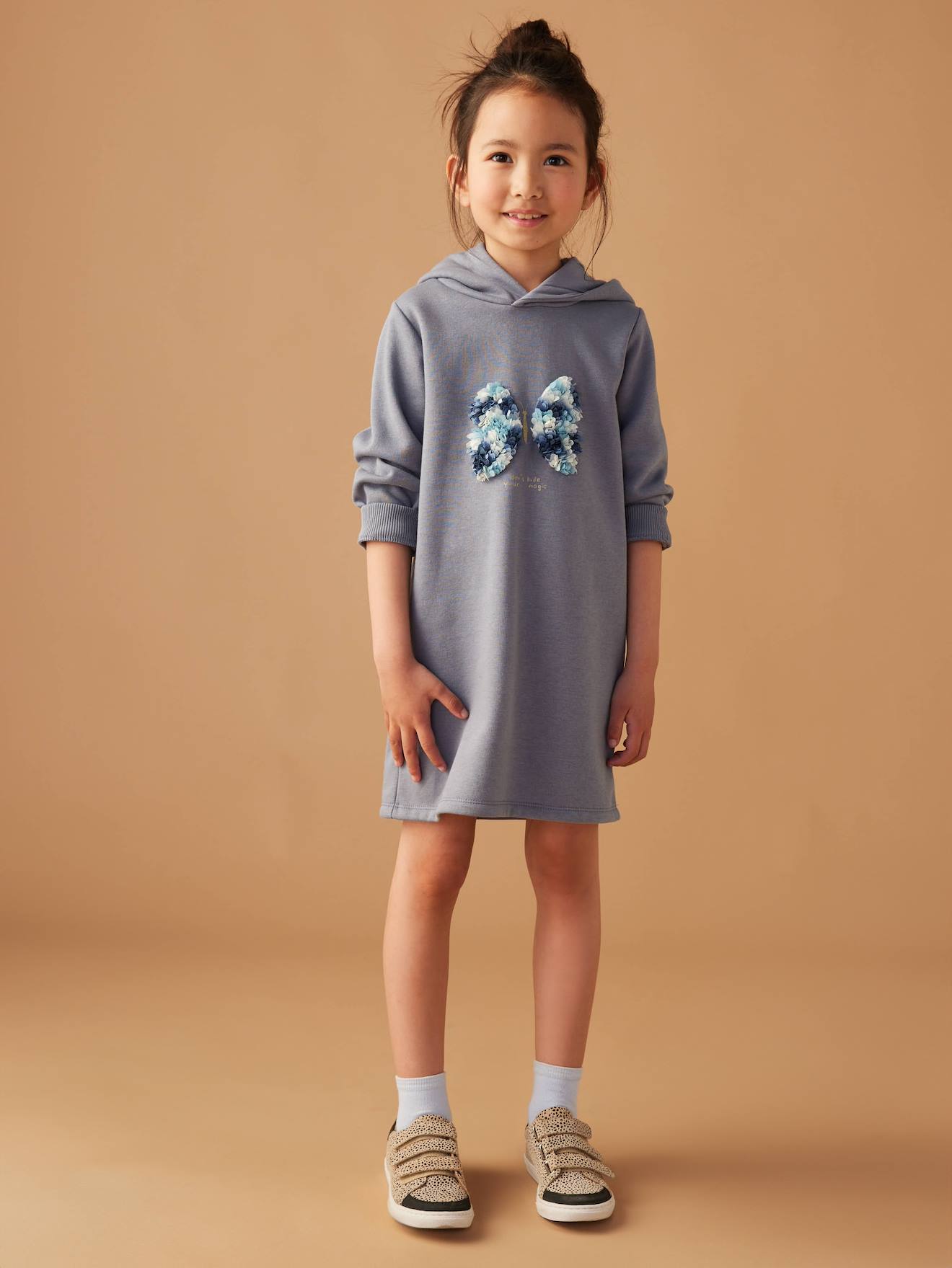 Robe à capuche en molleton fille détails fantaisie bleu grisé