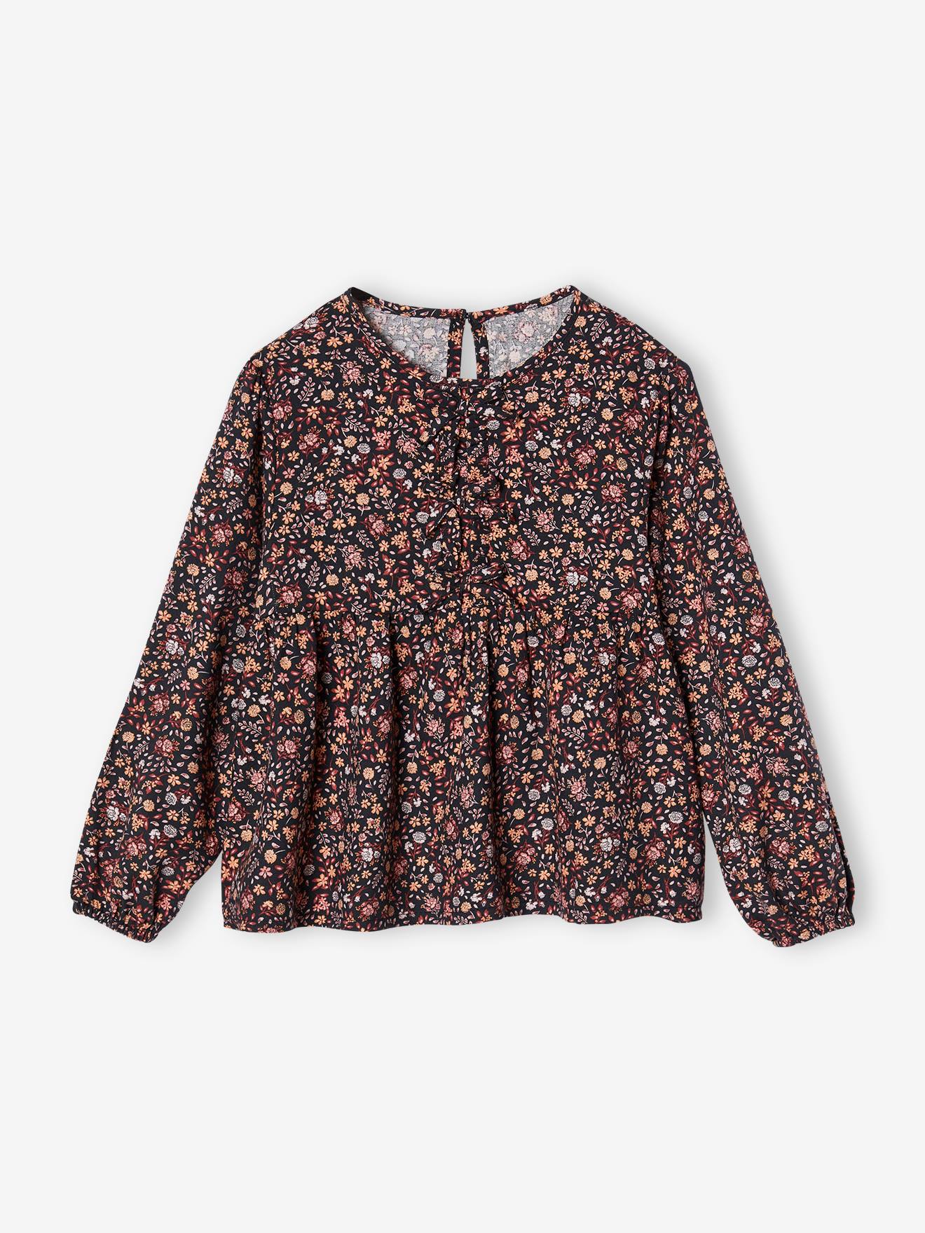 Blouse Fille à Motifs Fleurs Vertbaudet - Col Volanté, Manches Longues élastiquées, Tissu Fluide Viscose/coton