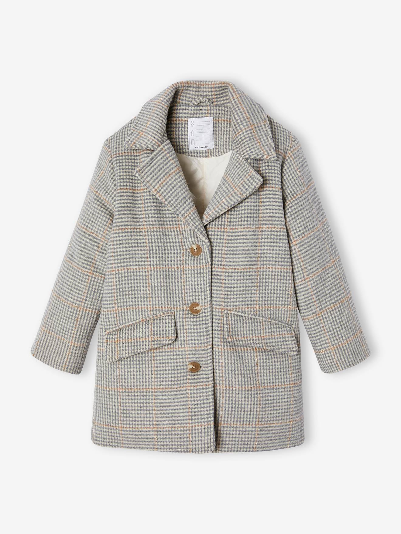 Manteau en drap de laine à carreaux fille carreaux gris