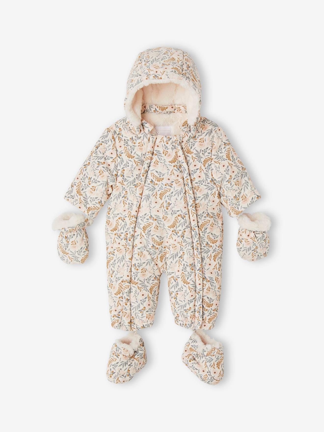 Combi-pilote imprimée doublée fausse fourrure bébé moufles et chaussons amovibles écru