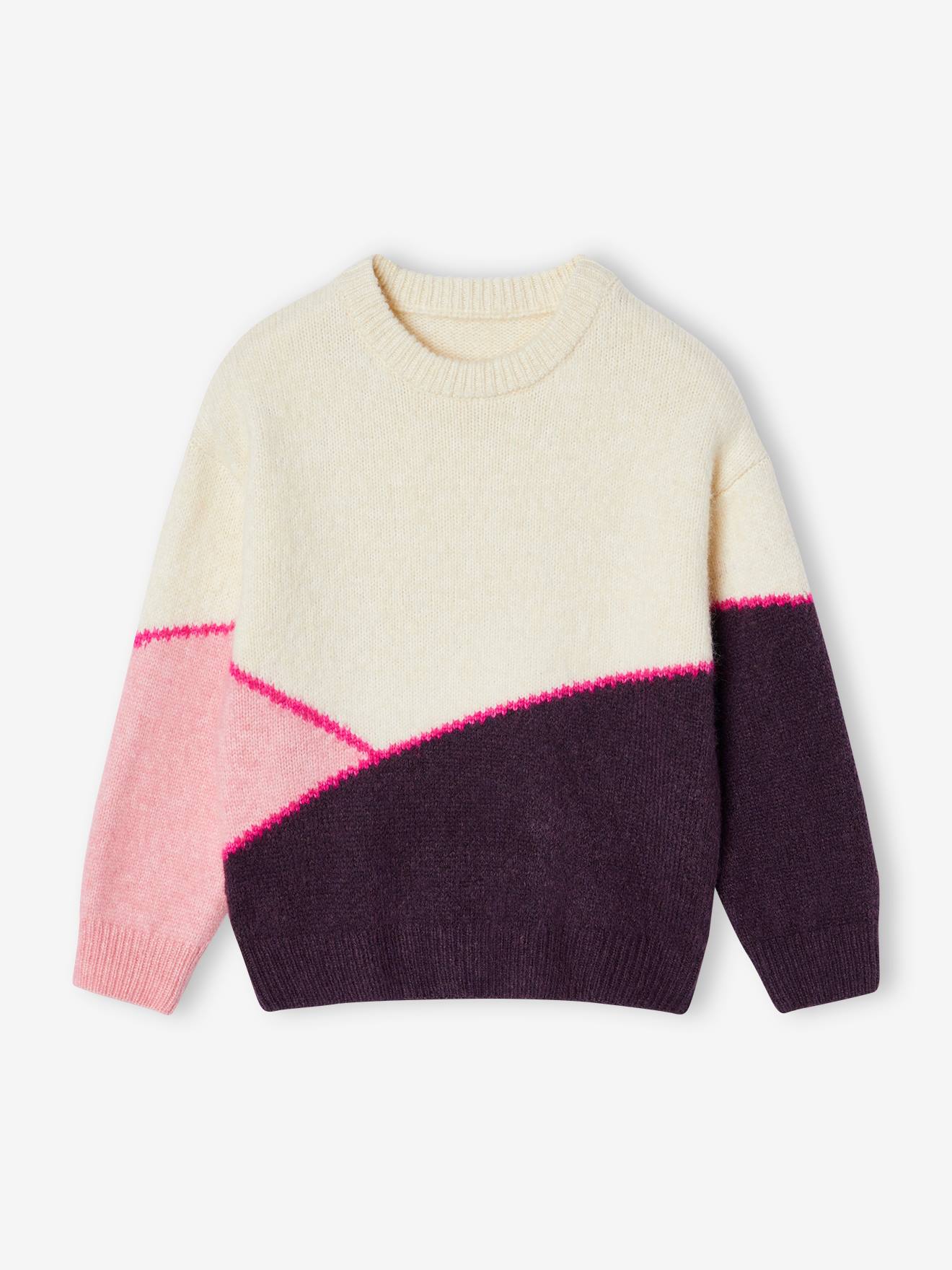 Pull colorblock fille rose bonbon