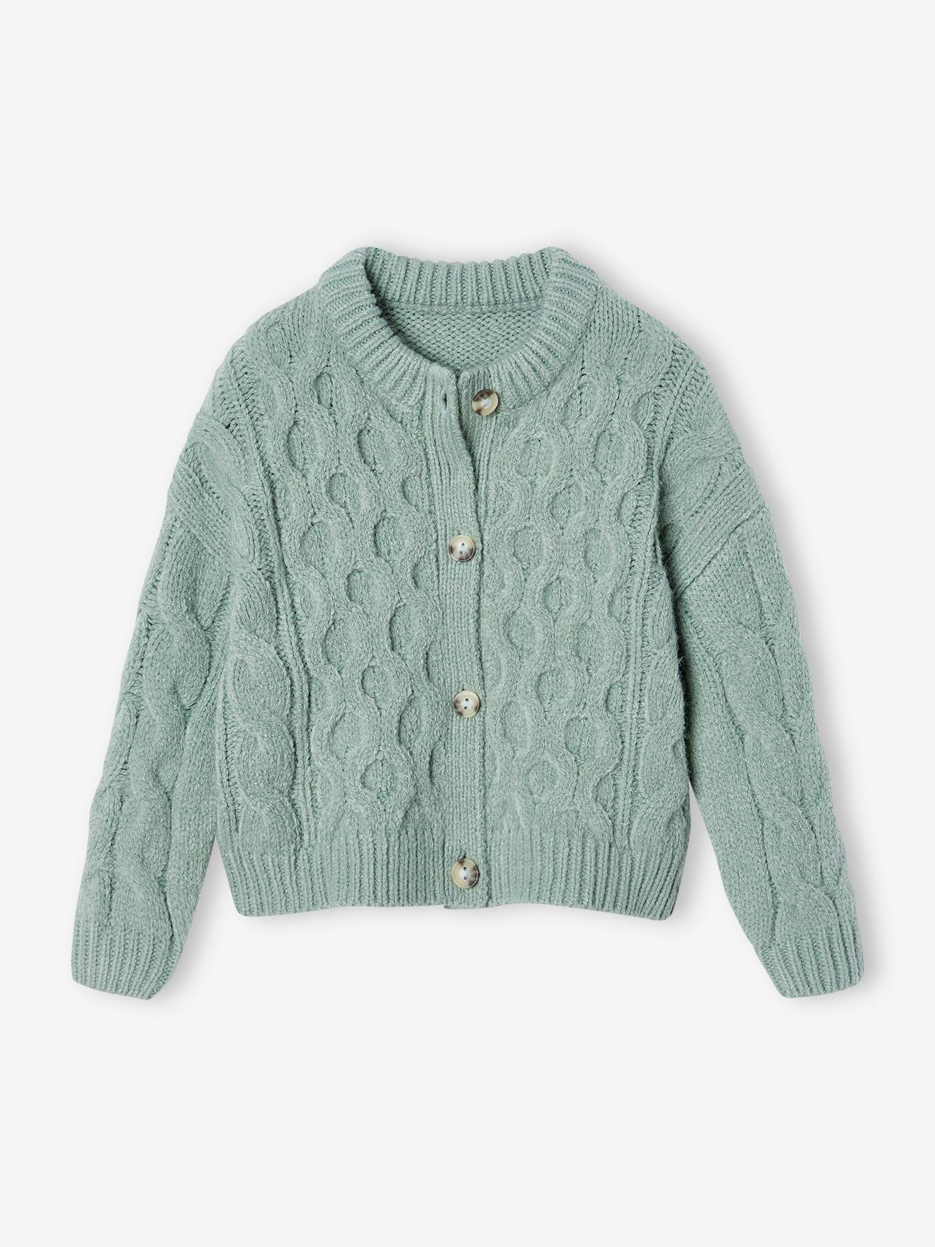 Gilet maille torsadée fille vert de gris