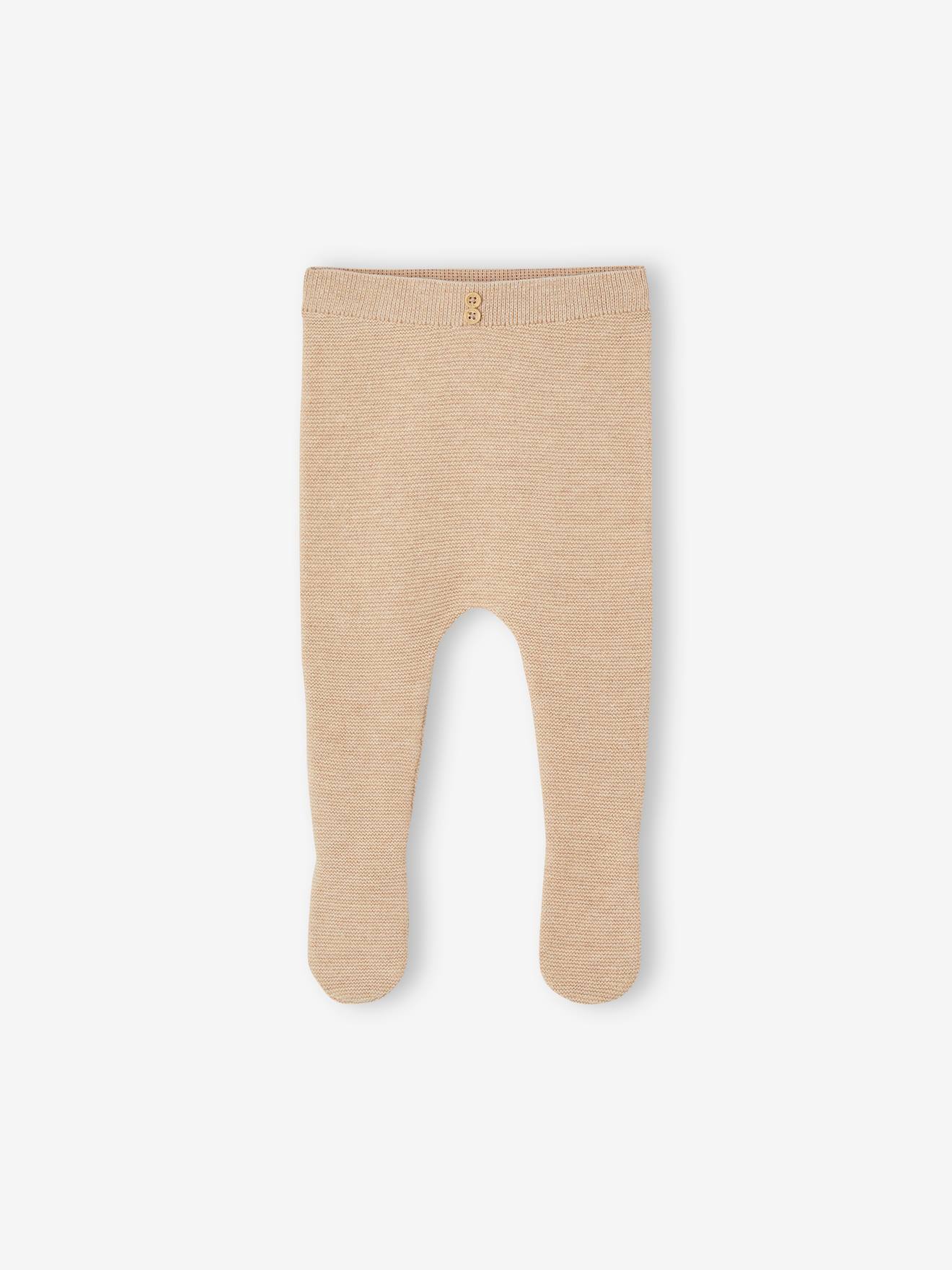Pantalon à pieds bébé en tricot coton/laine beige chiné (Vertbaudet) - Image 1