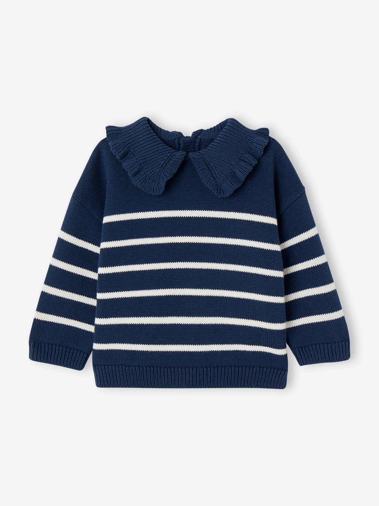 Pull rayé col à volant Bébé bleu jean
