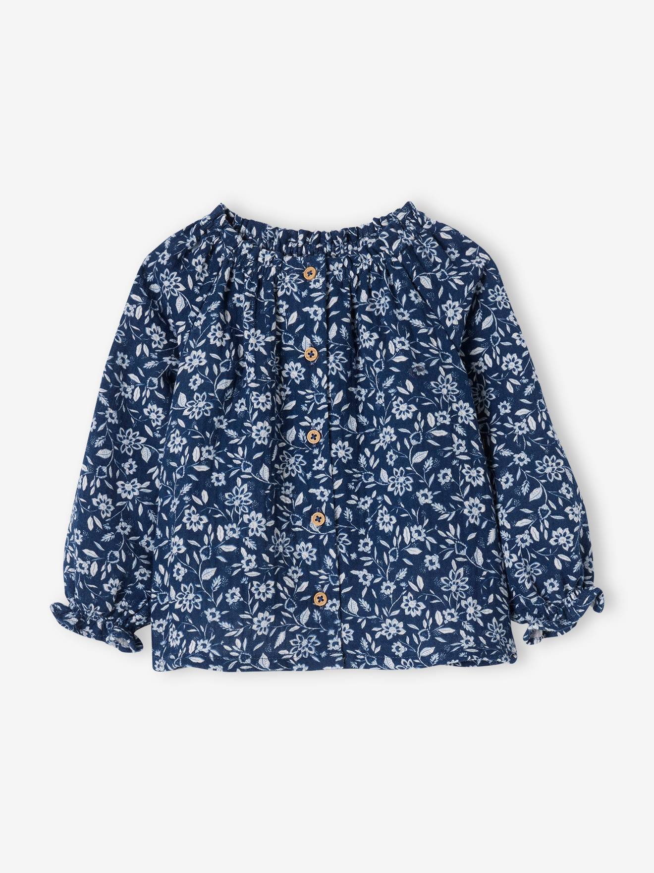 Blouse à fleurs en gaze de coton bébé fille bleu jean