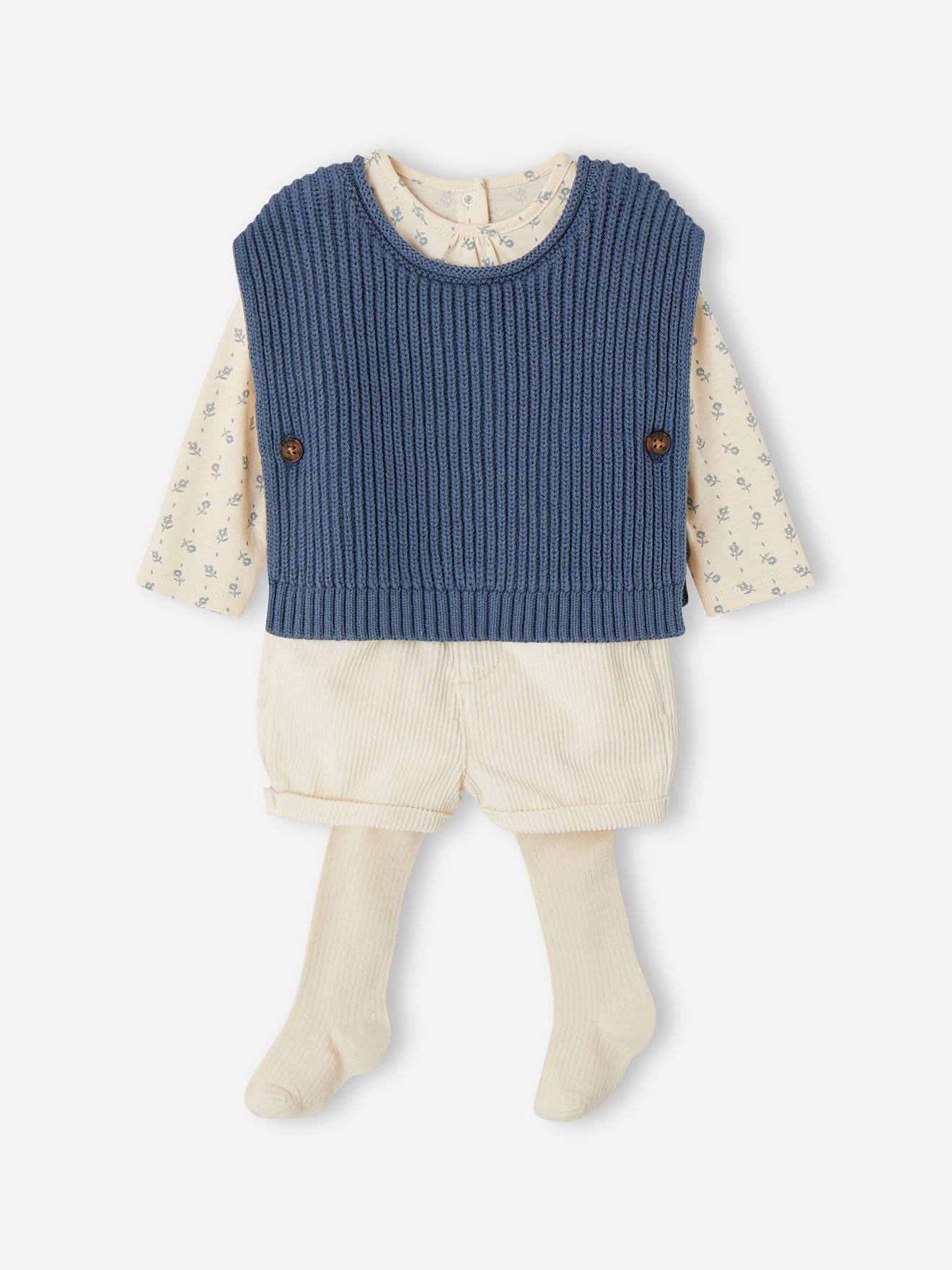 Ensemble 4 pièces bébé : T-shirt + short + pull + collant bleu jean