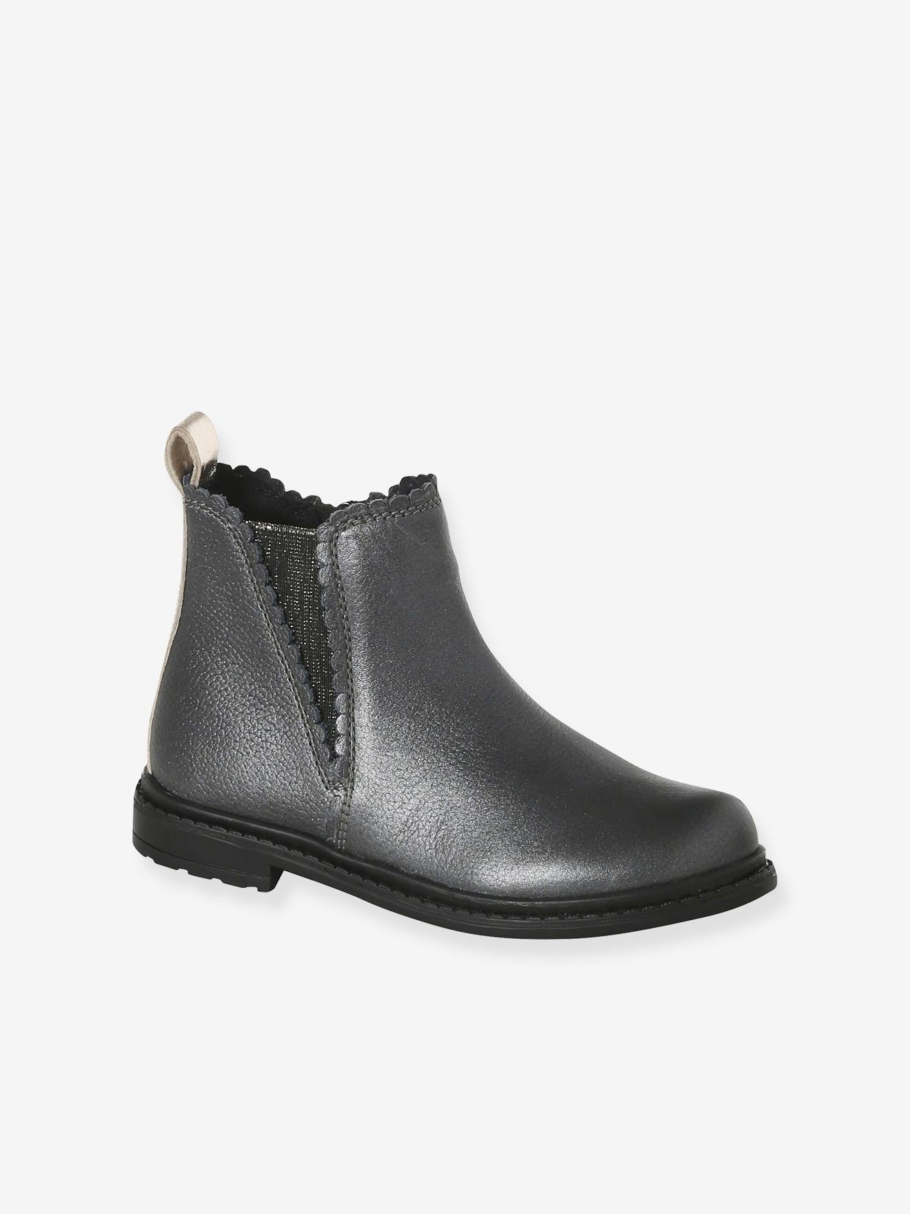 Boots fantaisie en cuir fille élastiquées et zippées anthracite