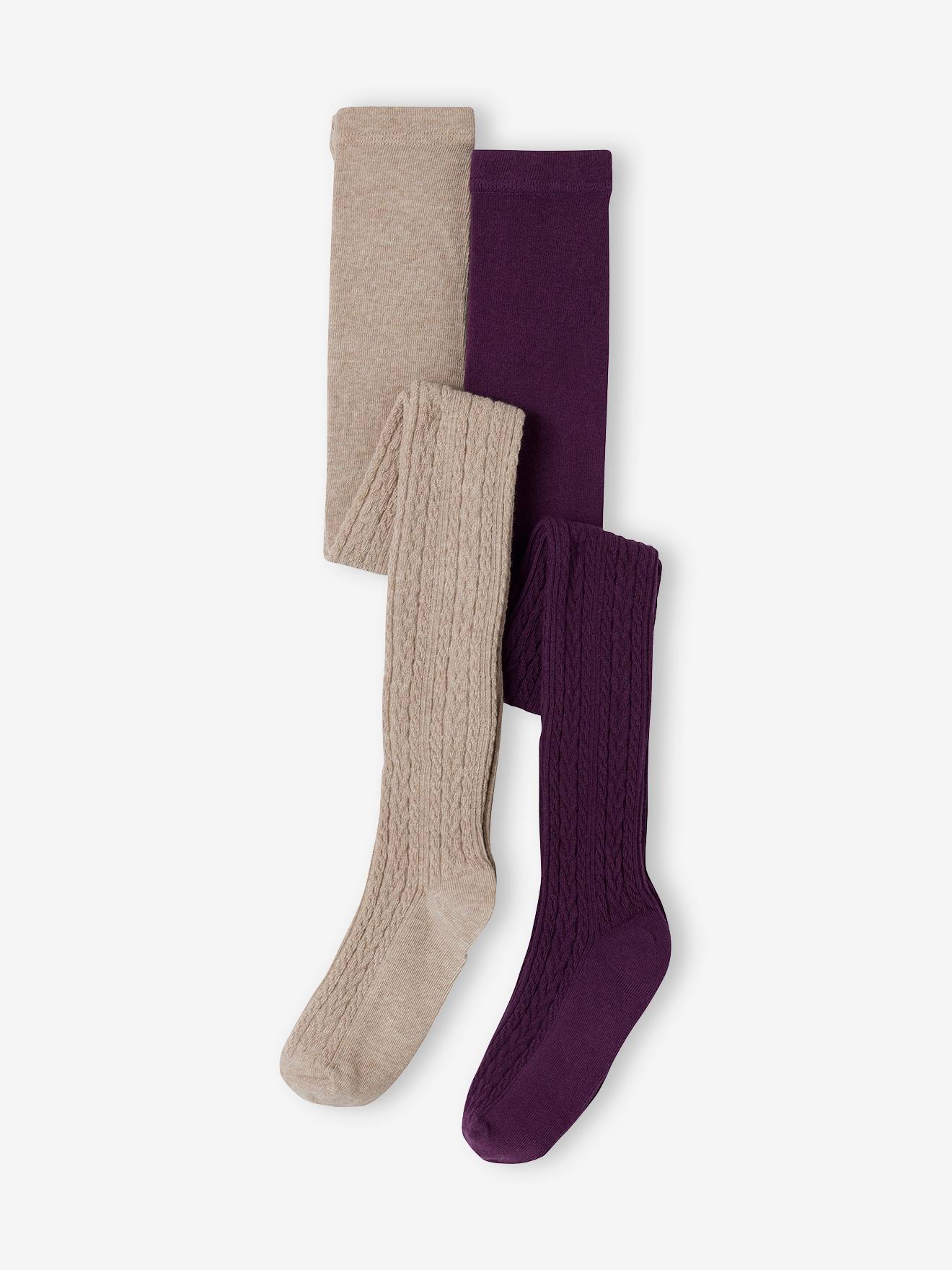 Lot de 2 collants en maille torsadée fantaisie fille aubergine