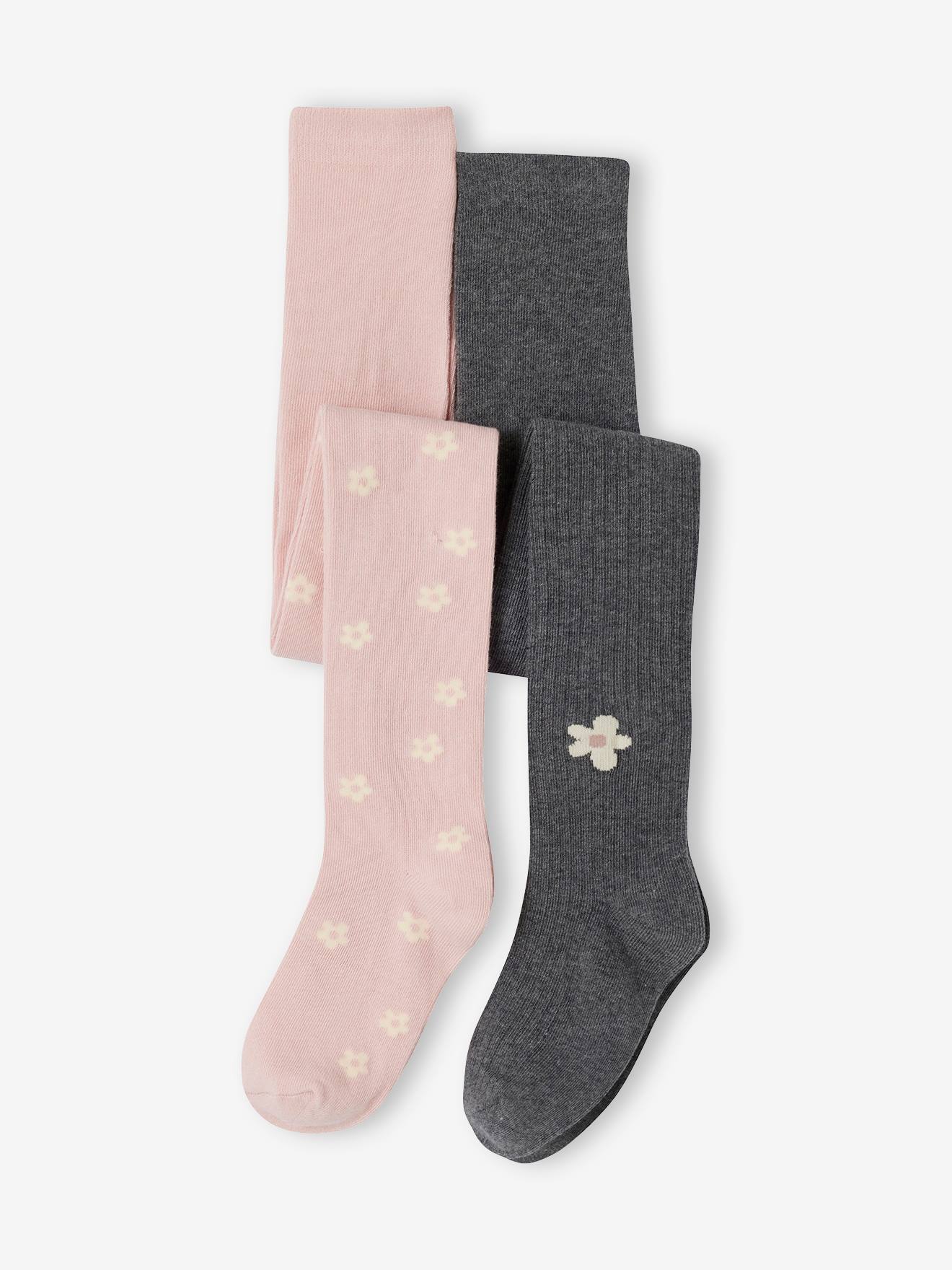 Lot de 2 paires de collants fille à fleurs rose poudré