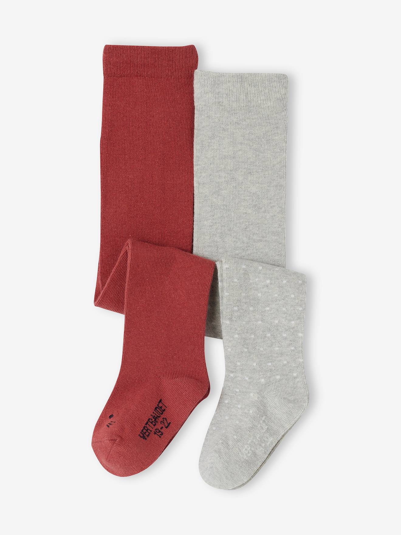 Lot de 2 paires de collants bébé fille pois gris chiné / uni