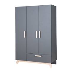 Chambre et rangement-ROBA Armoire Bébé 3 Portes Battantes Jara - avec Tiroir et Penderie - Garde-robe pour Fille et Garçon - Anthracite