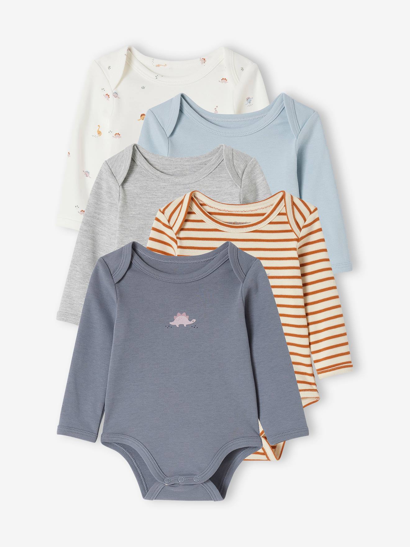 Lot 5 bodies manches longues bébé ouverture US en coton bio bleu