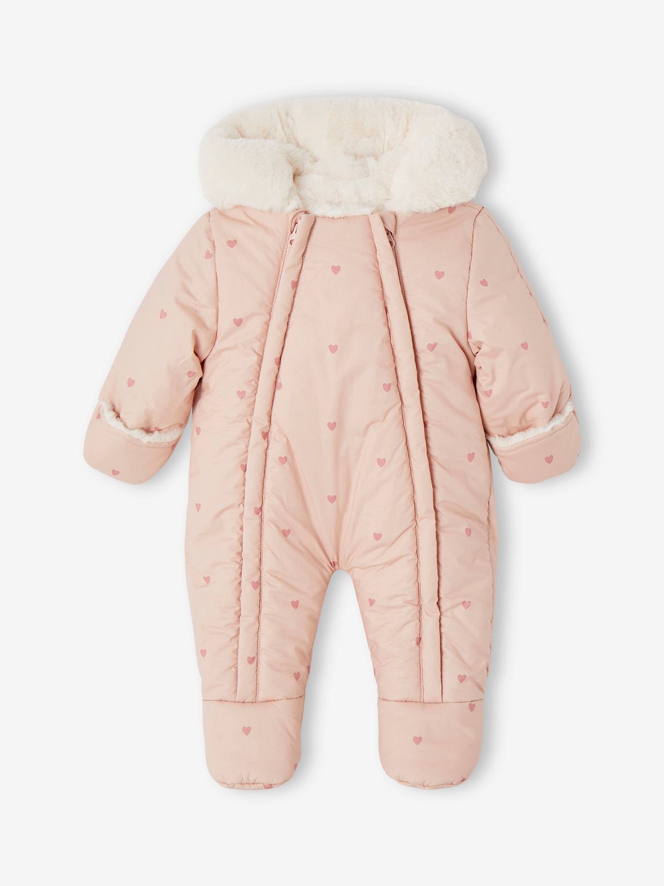Combi-pilote imprimée coeurs bébé doublée fausse fourrure vieux rose