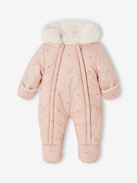 Vertbaudet - Combipilote bébé imprimée coeurs doublée fausse fourrure vieux rose