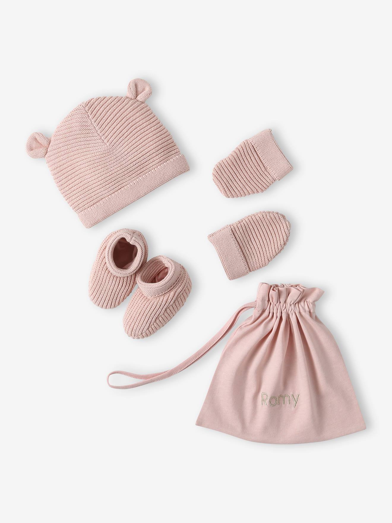 Ensemble bonnet, moufles et chaussons bébé naissance et son pochon personnalisable rose poudré