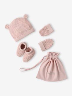 -Ensemble bonnet, moufles et chaussons bébé naissance et son pochon personnalisable