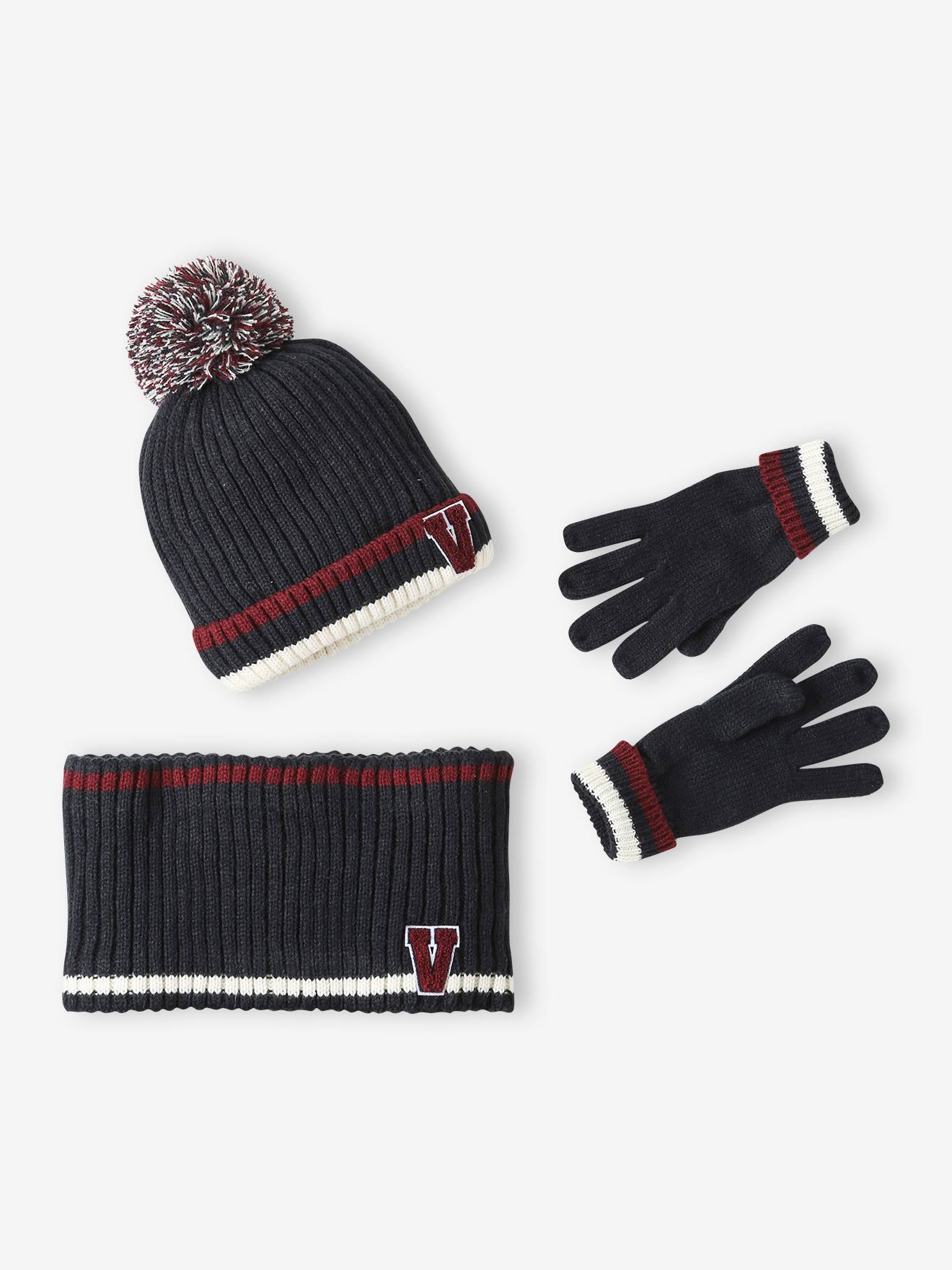 Ensemble bonnet + snood + gants en maille côtelée garçon marine