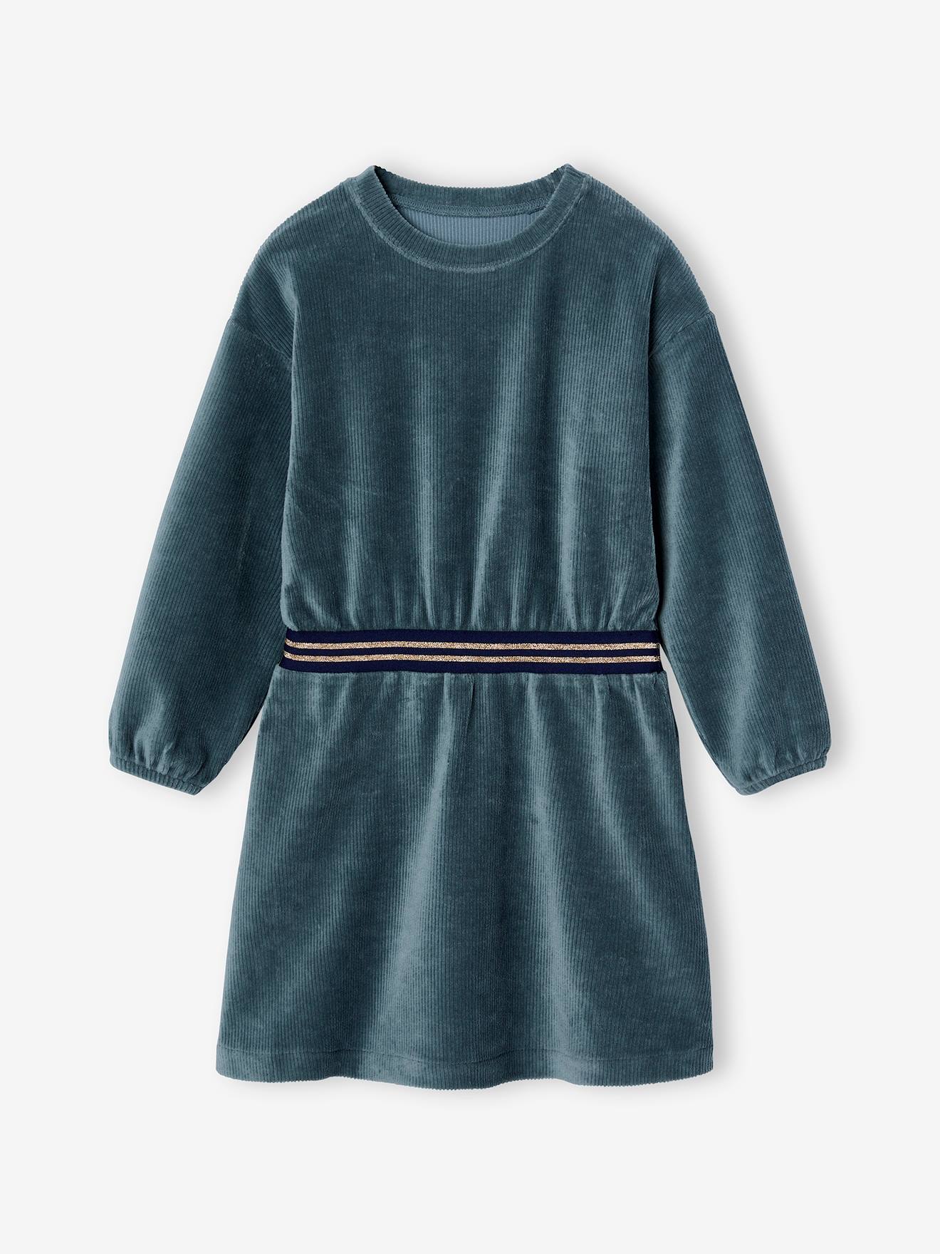Robe en velours ceinture rayée irisée fille bleu canard