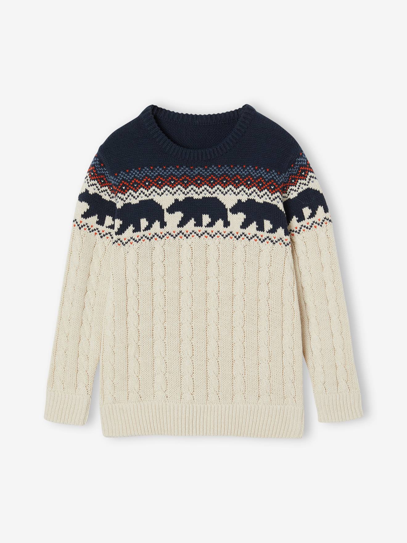 Pull Jacquard à torsade garçon blanc chiné