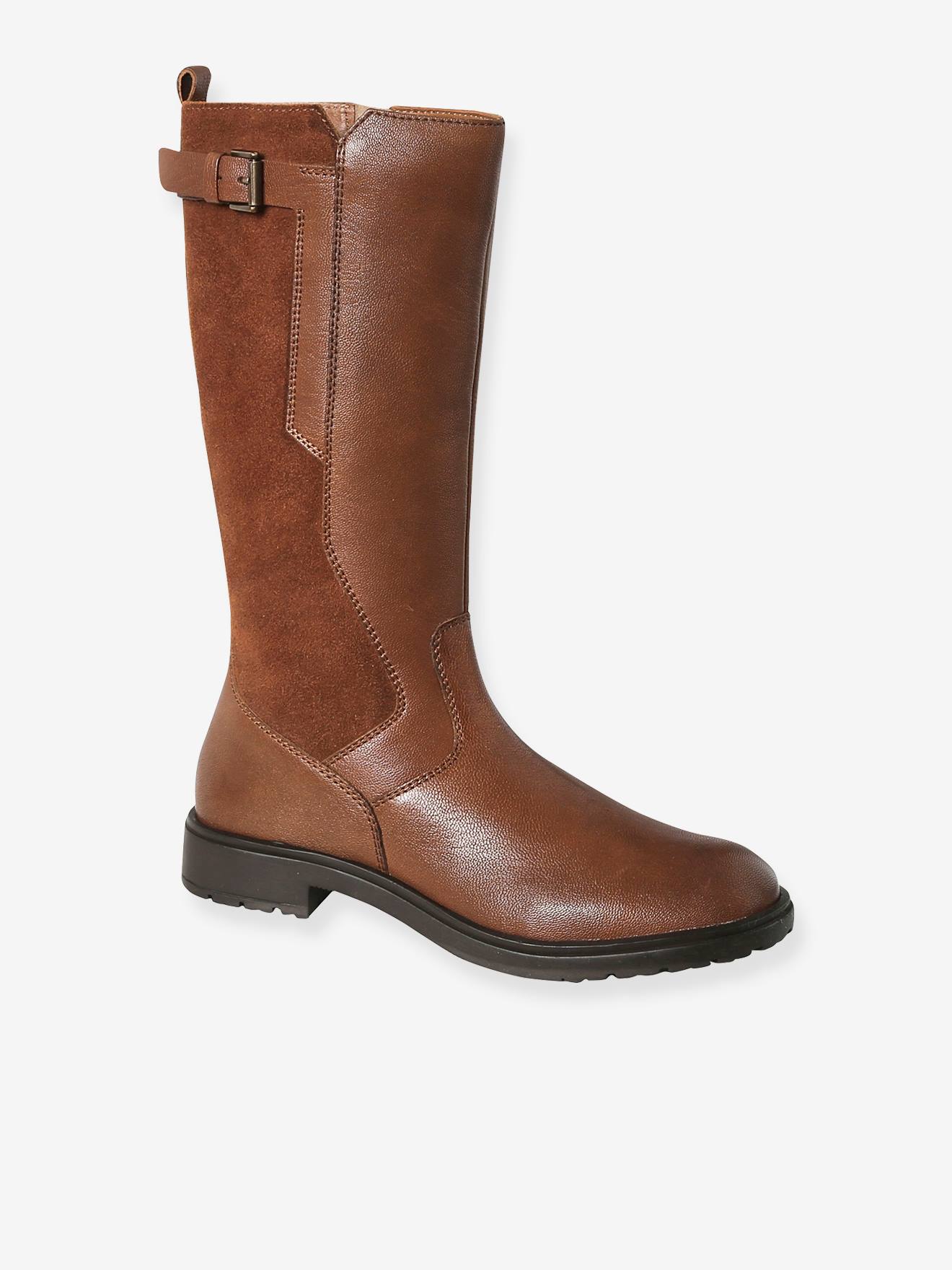 Boots cavalière zippées cuir fille marron