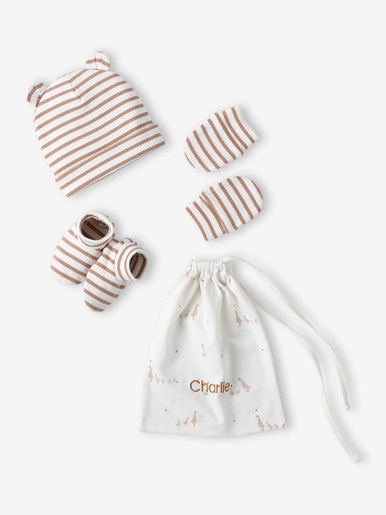 Ensemble naissance bonnet + moufles + chaussons + pochon personnalisable cappuccino