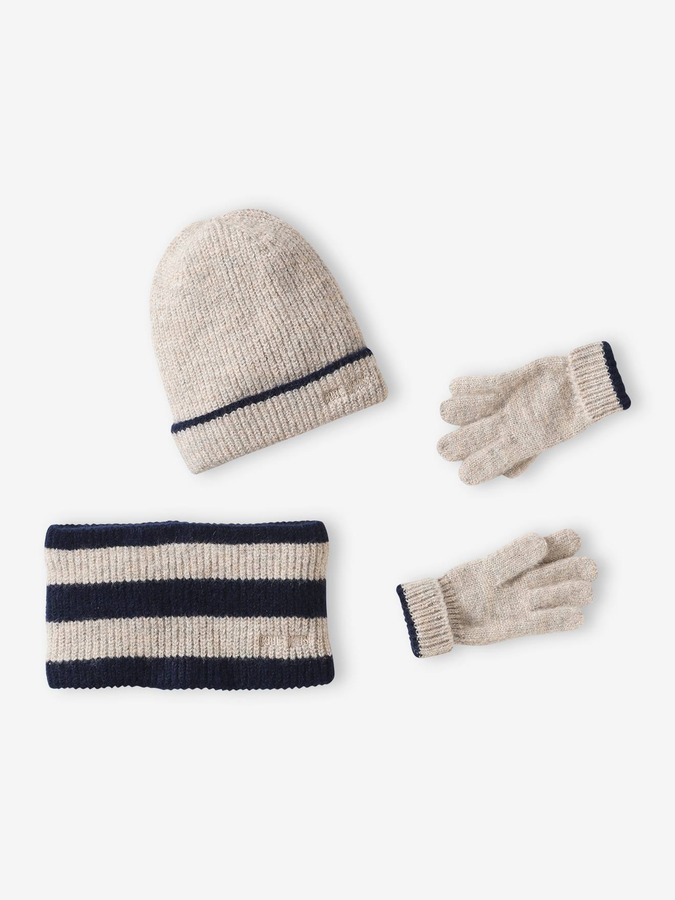 Ensemble bonnet + snood + gants cool kids garçon bleu grisé