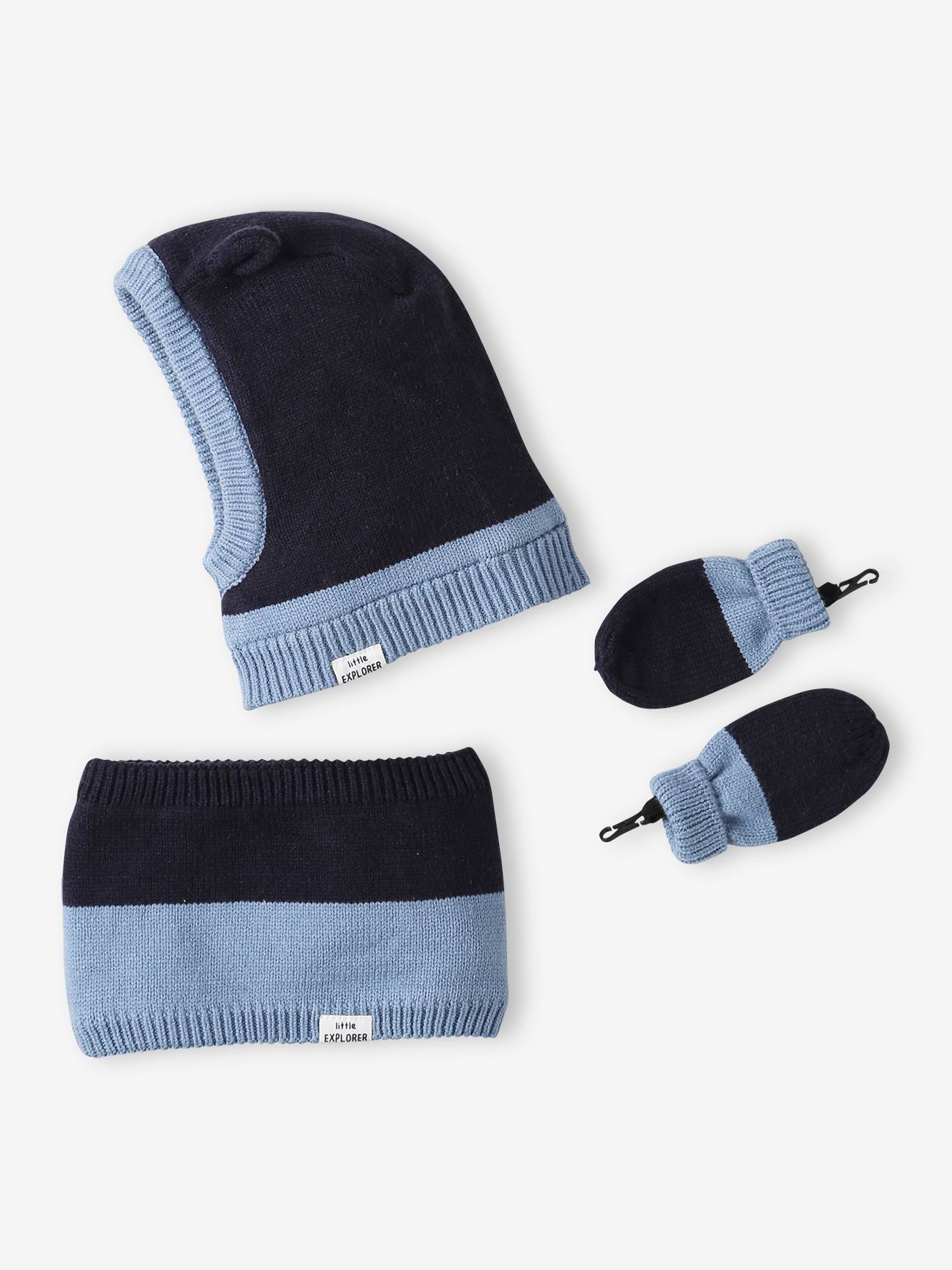 Ensemble bébé garçon cagoule + snood + moufles bicolores marine
