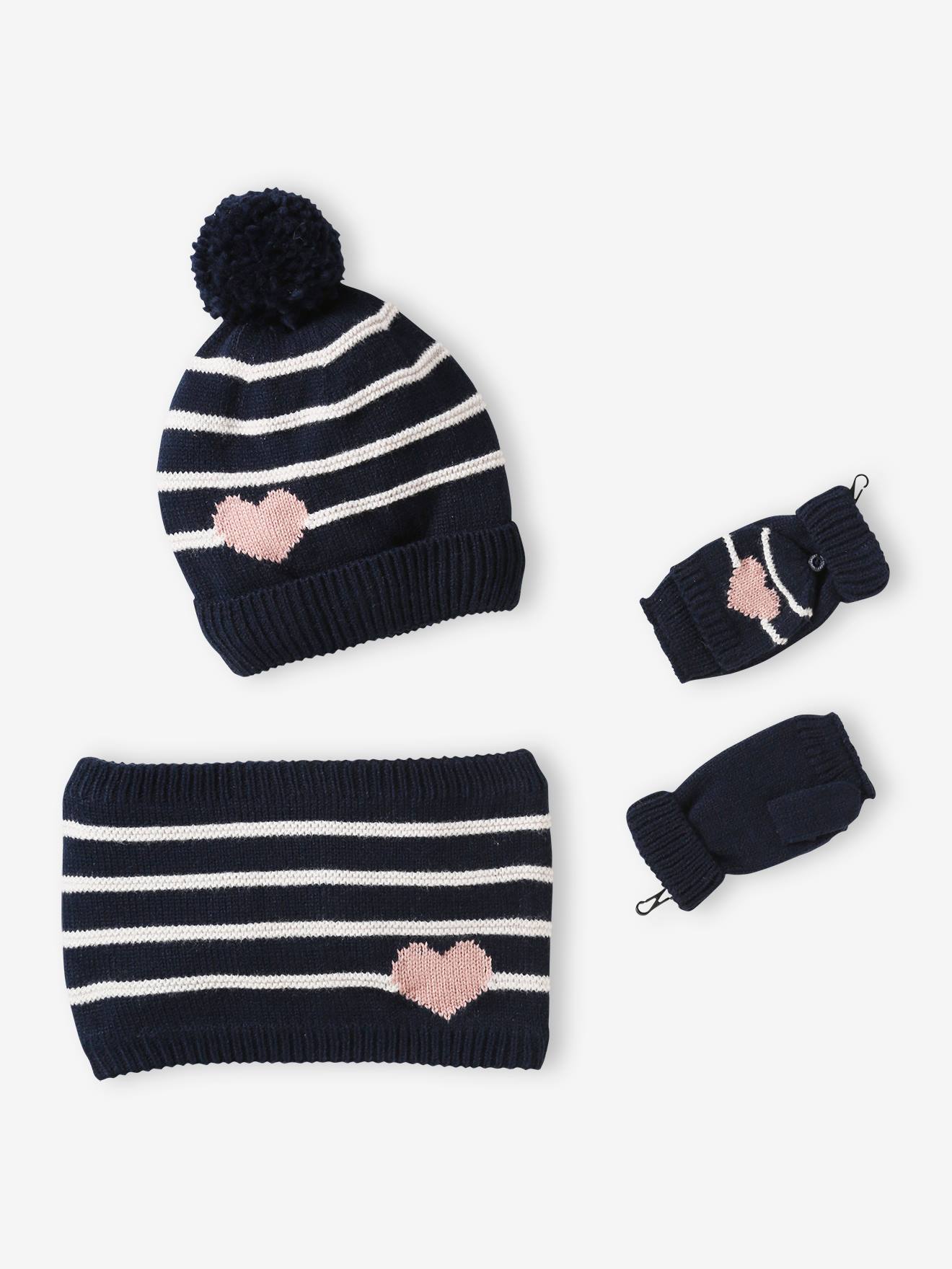 Ensemble bonnet + snood + moufles/mitaines rayures/coeur fille marine