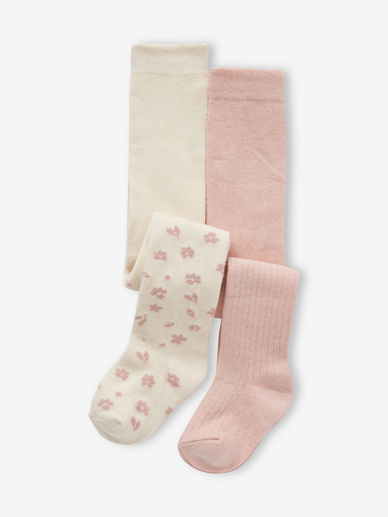 Lot de 2 paires de collants bébé fille à fleurs et en côtes écru
