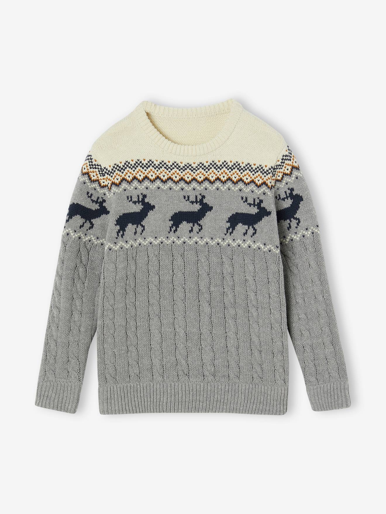 Pull Jacquard à torsade garçon gris chiné
