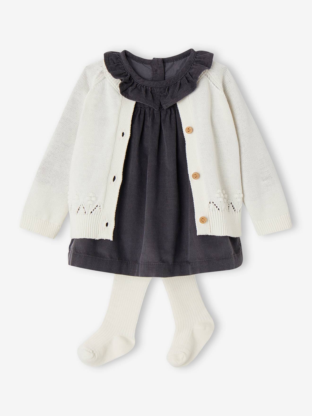 Ensemble robe, gilet fantaisie et collant bébé fille bleu ardoise